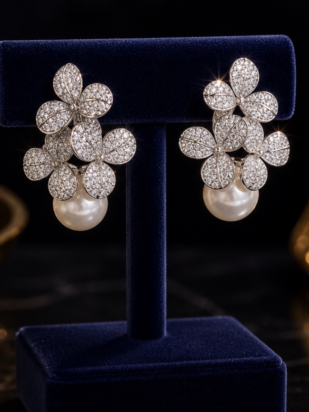 Pearl Drop Floral Crystal Stud Earrings - Women Jewelry